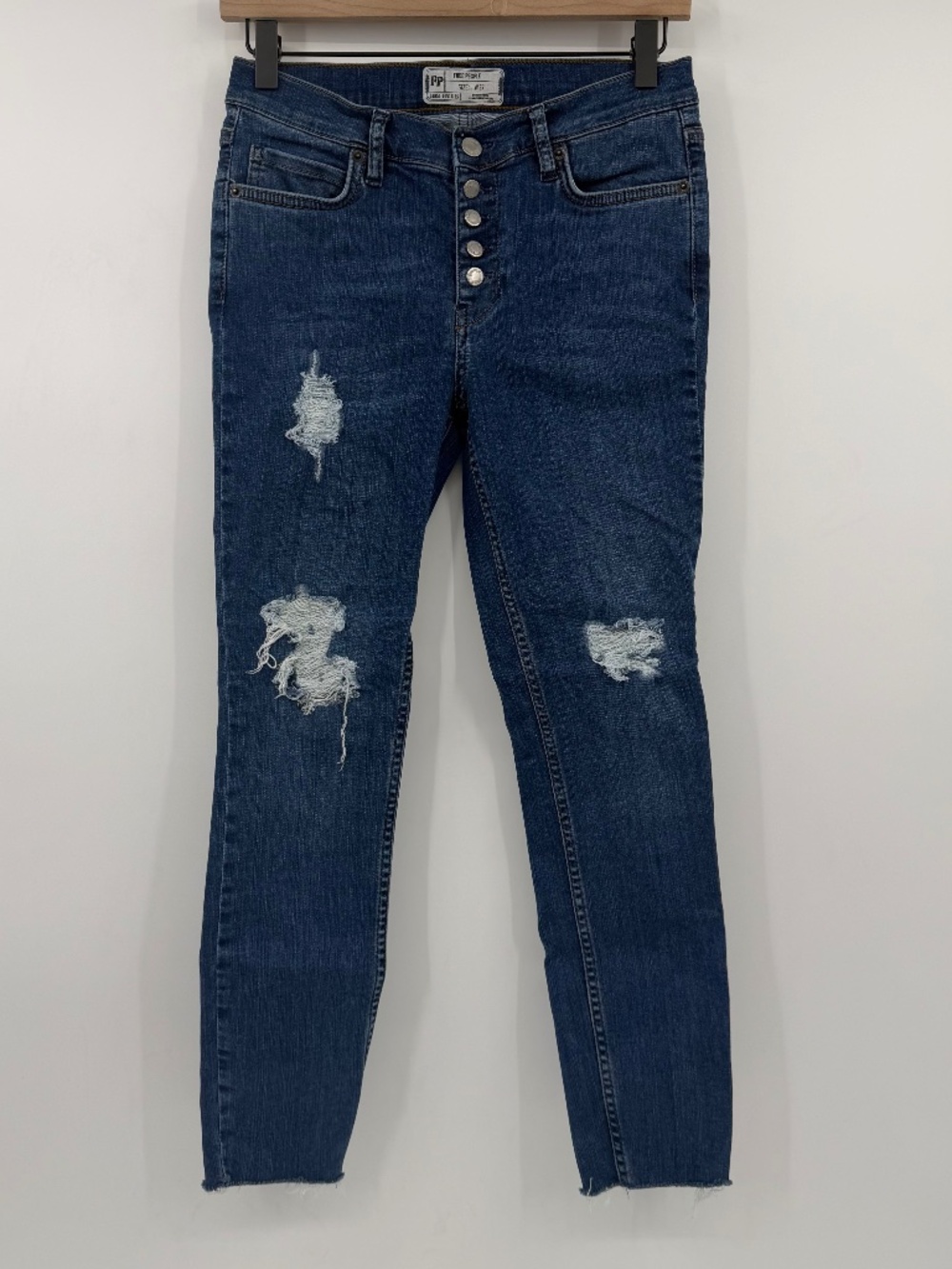 Free People Jeans Women 27 Blue Skinny Distressed Button Fly Stretch Mid Rise